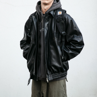美式 复古派克服男春秋通勤宽松休闲痞帅机车皮衣夹克短款 防风外套