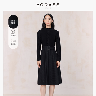 VGRASS秋冬法式 黑色气质 拼接假两件连衣裙23年新款 100%澳洲羊毛