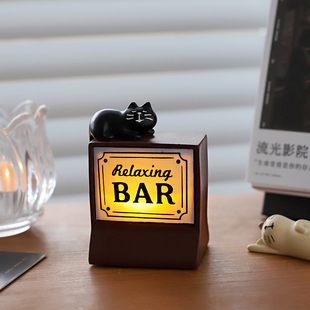 日式 猫咪酒吧小夜灯生日礼物复古迷你桌面氛围灯装 饰摆件咖啡吧台