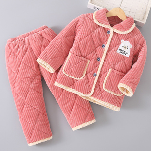 女童女孩夹棉珊瑚绒家居服儿童法兰绒睡衣男童宝宝加厚款 套装 冬季