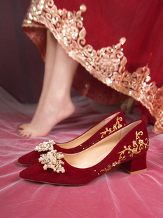 红色尖头高跟鞋 女孕妇 婚鞋 中式 新娘鞋 秀禾婚纱两穿2023年新款
