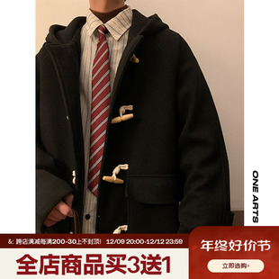 羊羔毛牛角扣毛呢大衣男冬季 中长款 潮牌日系古着连帽呢子风衣外套