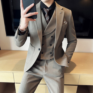 商务通勤西服男英伦风三件套 加厚毛呢外套男显瘦 痞帅保暖西装 冬季