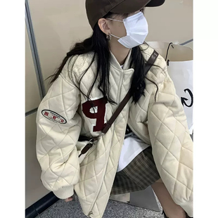 宽松夹克上衣 菱格长袖 加厚棉服棒球服外套女2023新款 胖妹妹秋冬季