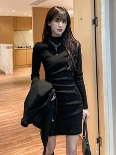 气质内搭针织裙子加绒加厚 黑色打底连衣裙女秋冬配大衣2023新款