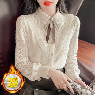 新款 女2023冬装 洋气娃娃领长袖 气质女上衣 蕾丝打底衫 宽松时尚 衬衫