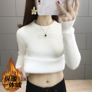 打底衫 加绒加厚圆领一体绒毛衣女上衣秋冬针织衫 内搭长袖 2023显瘦