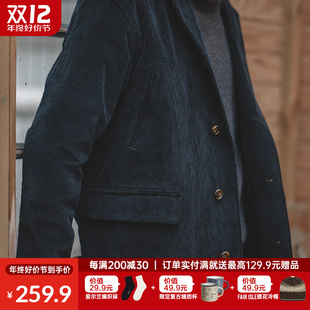 男秋 美式 复古黑色风衣灯芯绒大衣条绒翻领宽松外套中长款 马登工装