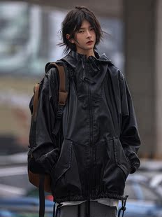 Nobodyknows秋季 美式 街头PU皮机车风连帽皮衣情侣上衣潮夹克外套