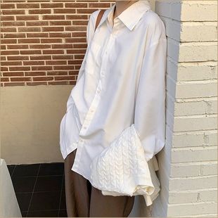 设计感小众内搭打底衬衣长袖 上衣 白色衬衫 宽松中长款 女春秋季 新款