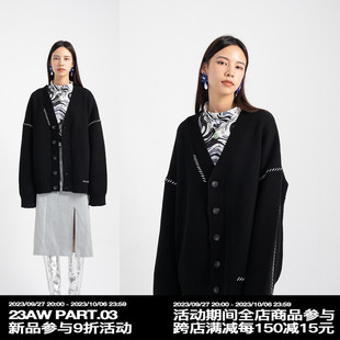 FUNKYFUN黑色明线开衫 外套男女宽松V领针织衫 毛衣休闲厚实毛线衣