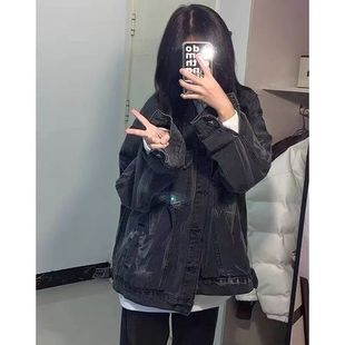上衣慵懒风春秋宽松女bf炸街时尚 港味扎染酷新款 牛仔外套盐系