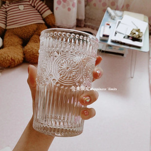 ins风玻璃杯复古浮雕透明水杯女生高颜值可爱高级感家用喝水杯子