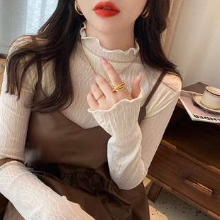 高级感洋气加绒上衣 女2023年秋冬新款 白色网纱小衫 内搭蕾丝打底衫