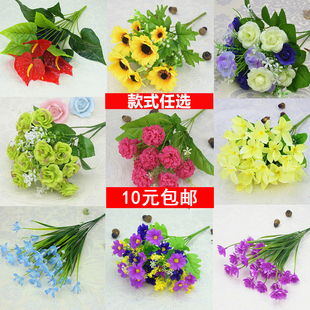 饰 单支假花仿真花束塑料花小束把花玫瑰百合绢布花家居摆设田园装