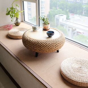 藤编飘窗桌榻榻米小茶几简约炕桌地台矮桌实木窗台桌电脑圆桌 日式