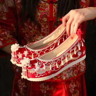 内增高复古汉服鞋 春秋新款 中式 流苏女古风绣花鞋 红色新娘秀禾婚鞋