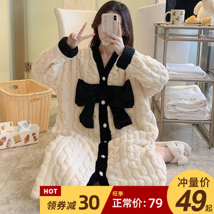 网红风睡袍女睡裙家居服冬 法兰绒加厚长款 大码 珊瑚绒睡衣女秋冬季