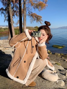 加厚高级感麂皮绒立领机车短外套 羊羔毛皮毛一体棉服女冬2023新款
