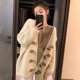 日系慵懒风古着毛衣外套女宽松秋冬外搭中长款 牛角扣v领针织开衫