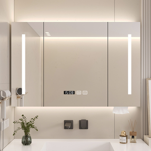 卫生间浴室镜洗手间镜子置物架收纳储物柜 实木智能浴室镜柜挂墙式