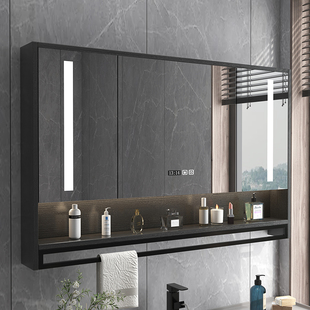 带背光灯防雾卫生间镜子置物架单独收纳一体柜 智能浴室镜柜挂墙式