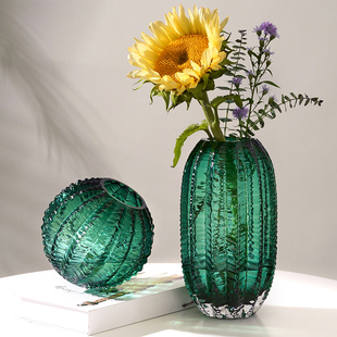 现代轻奢创意插花绿植仙人掌玻璃花瓶绿色网红高颜值客厅鲜花摆件