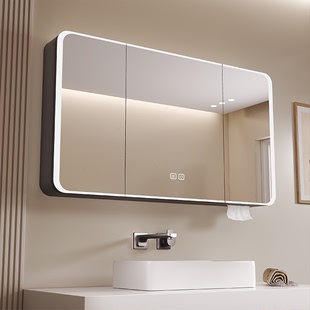 新款 弧形太空铝浴室镜柜单独卫生间挂墙式 智能镜子带灯收纳一体箱