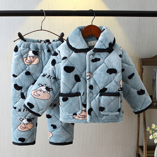 儿童冬季 睡衣法兰绒三层加厚夹棉套装 宝宝男童女童珊瑚绒家居服